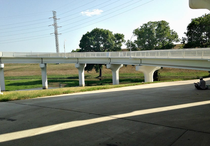 The bike path as it approaches the east side of the Trinity River levees, on the Riverfront...