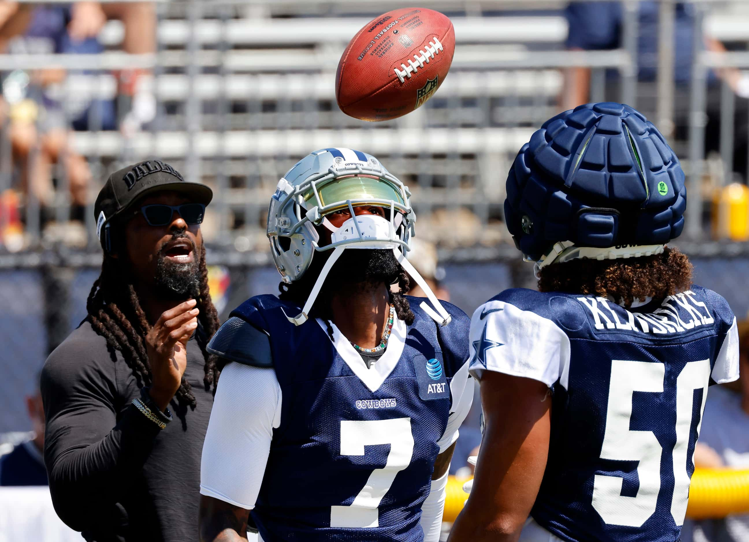 Dallas Cowboys cornerback Trevon Diggs (7) looks for a football being tossed by defensive...