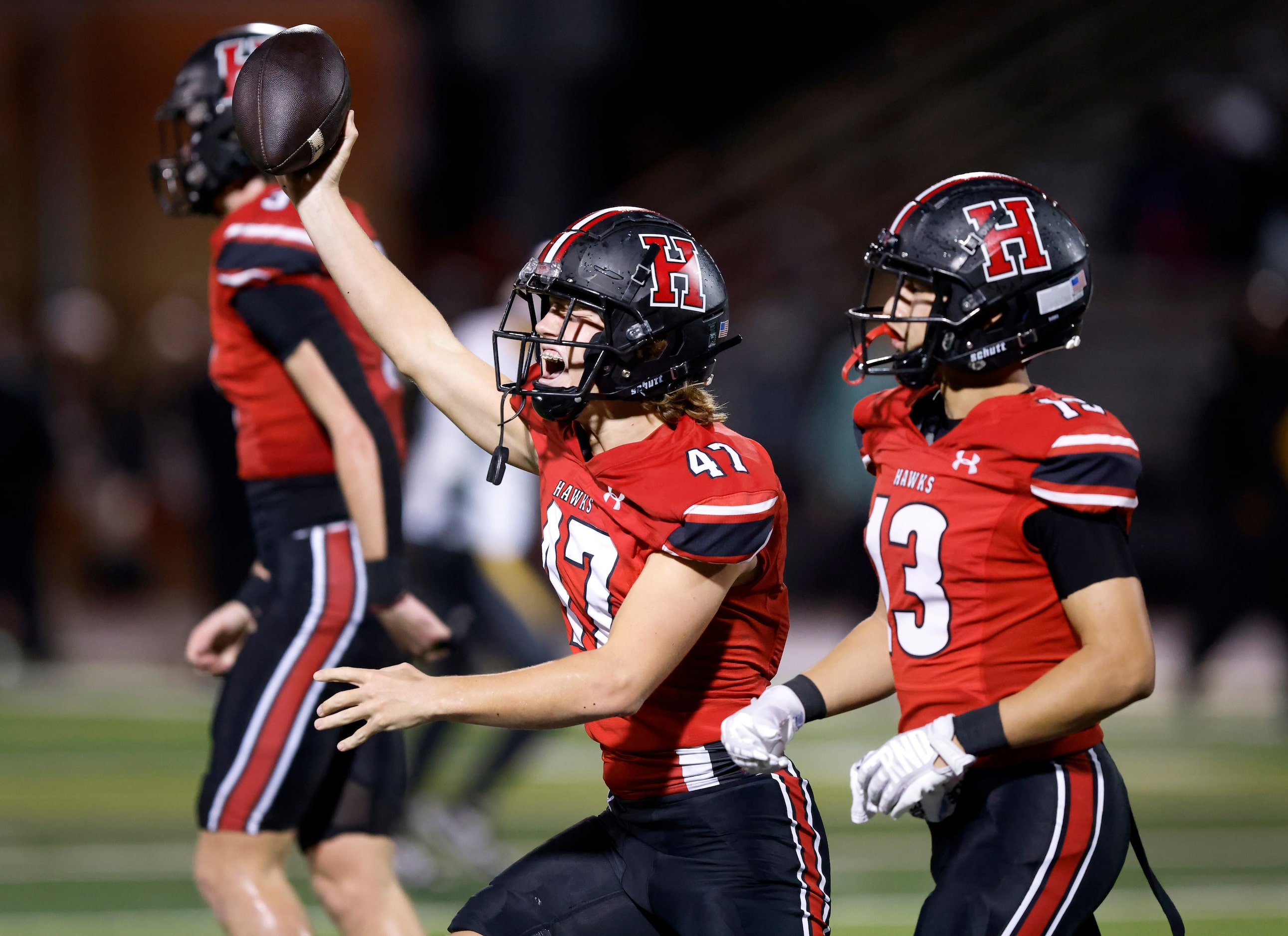 Rockwall-Heath linebacker Ryan Vasile (47) came up with a fumble by the Forney punter during...