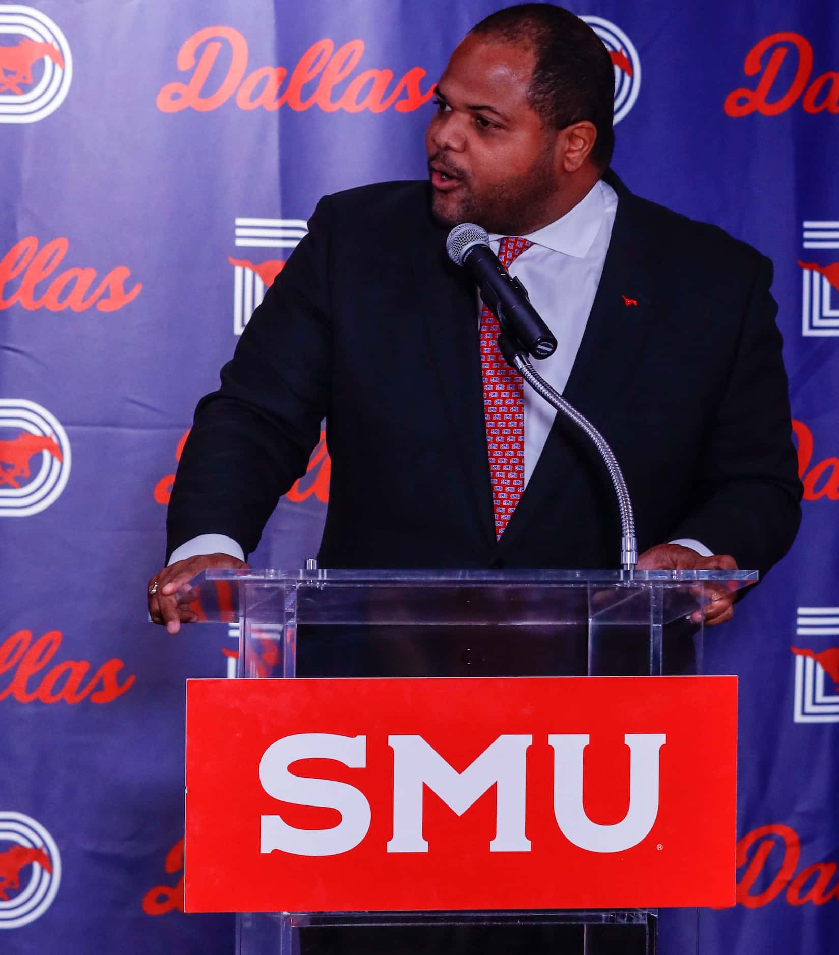 Dallas Mayor, Eric Johnson, welcomes Southern Methodist University's head football coach,...