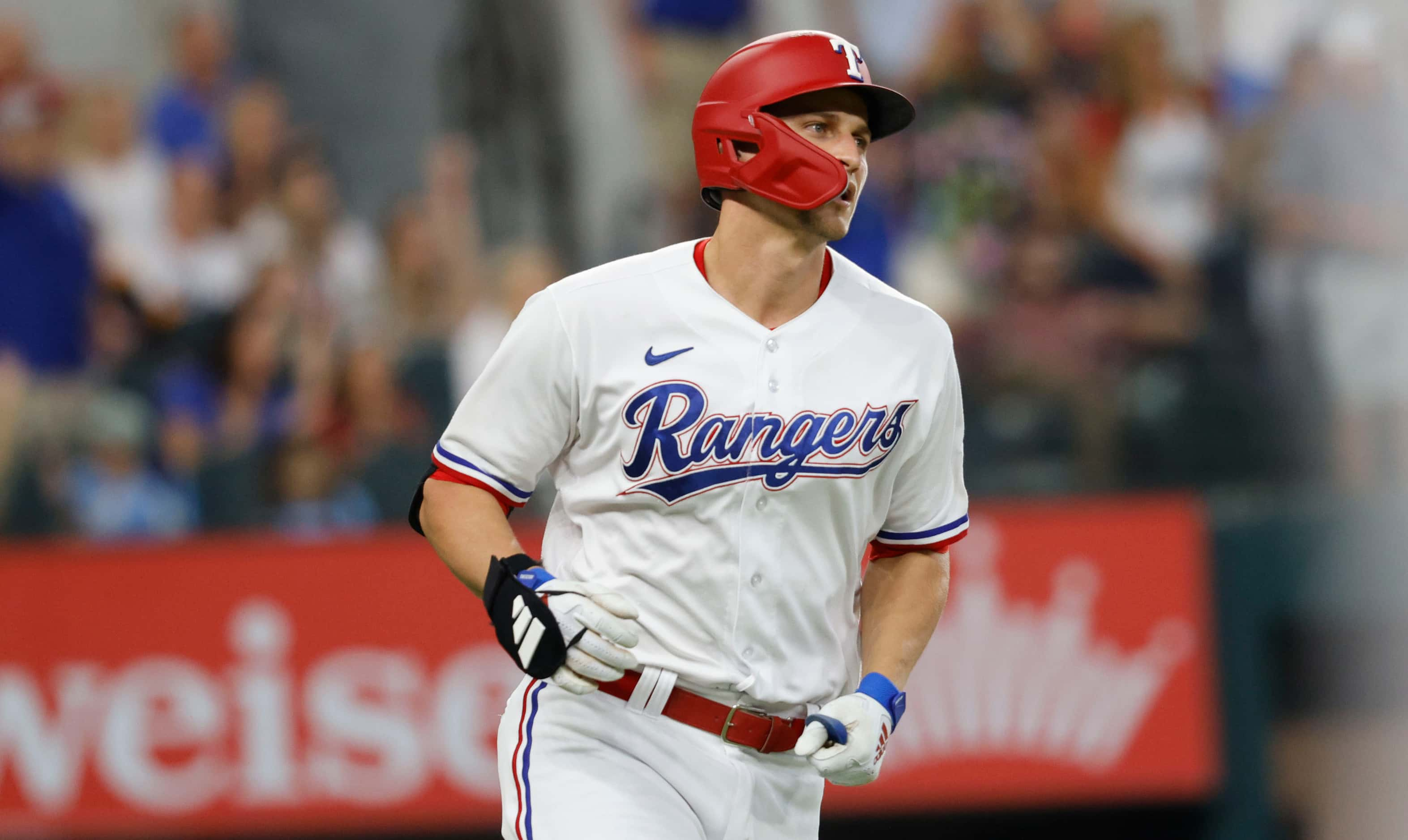 Texas Rangers shortstop Corey Seager (5) runs the bases after hitting a home run during the...