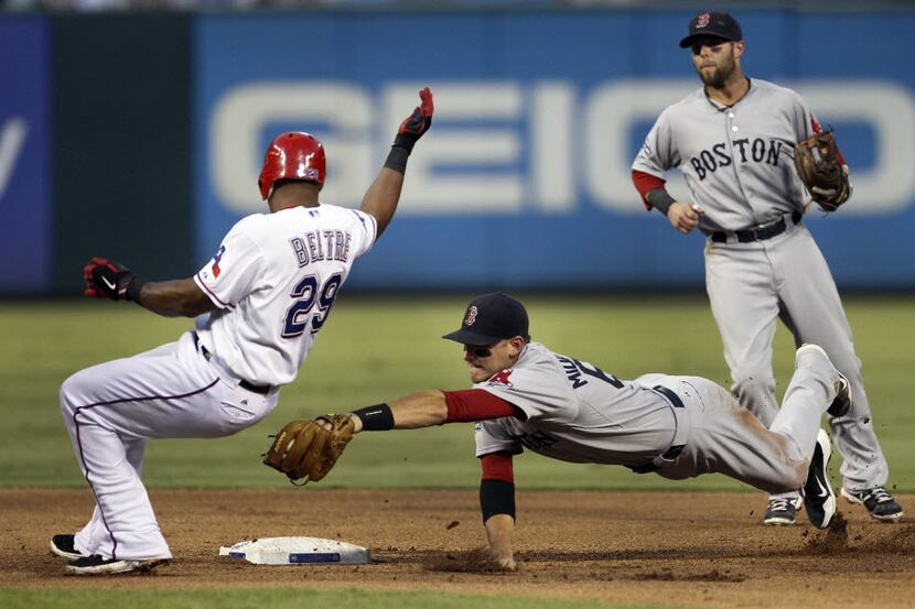 FILE - Adrian Beltre avoids the tag by Boston's Will Middlebrooks on a double in the bottom...