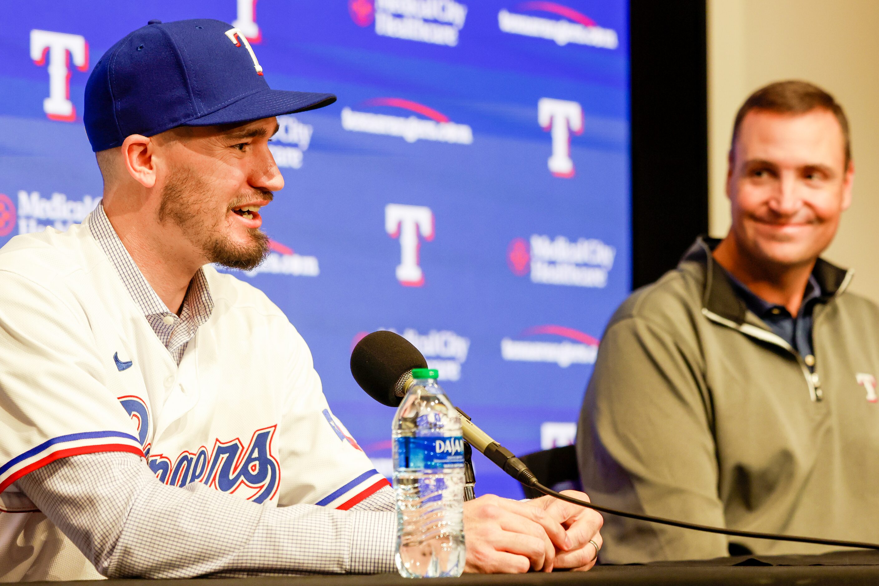 New Texas Rangers pitcher Andrew Heaney responds to media questions at Globe Life Field on...