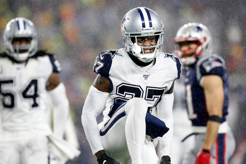 Dallas Cowboys cornerback Jourdan Lewis (27) celebrates a stop of the New England Patriots...