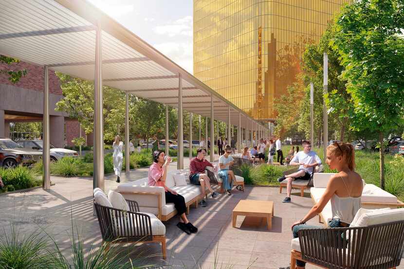 A landscaped promenade will connect the gold glass towers, which are being renamed The Gild.
