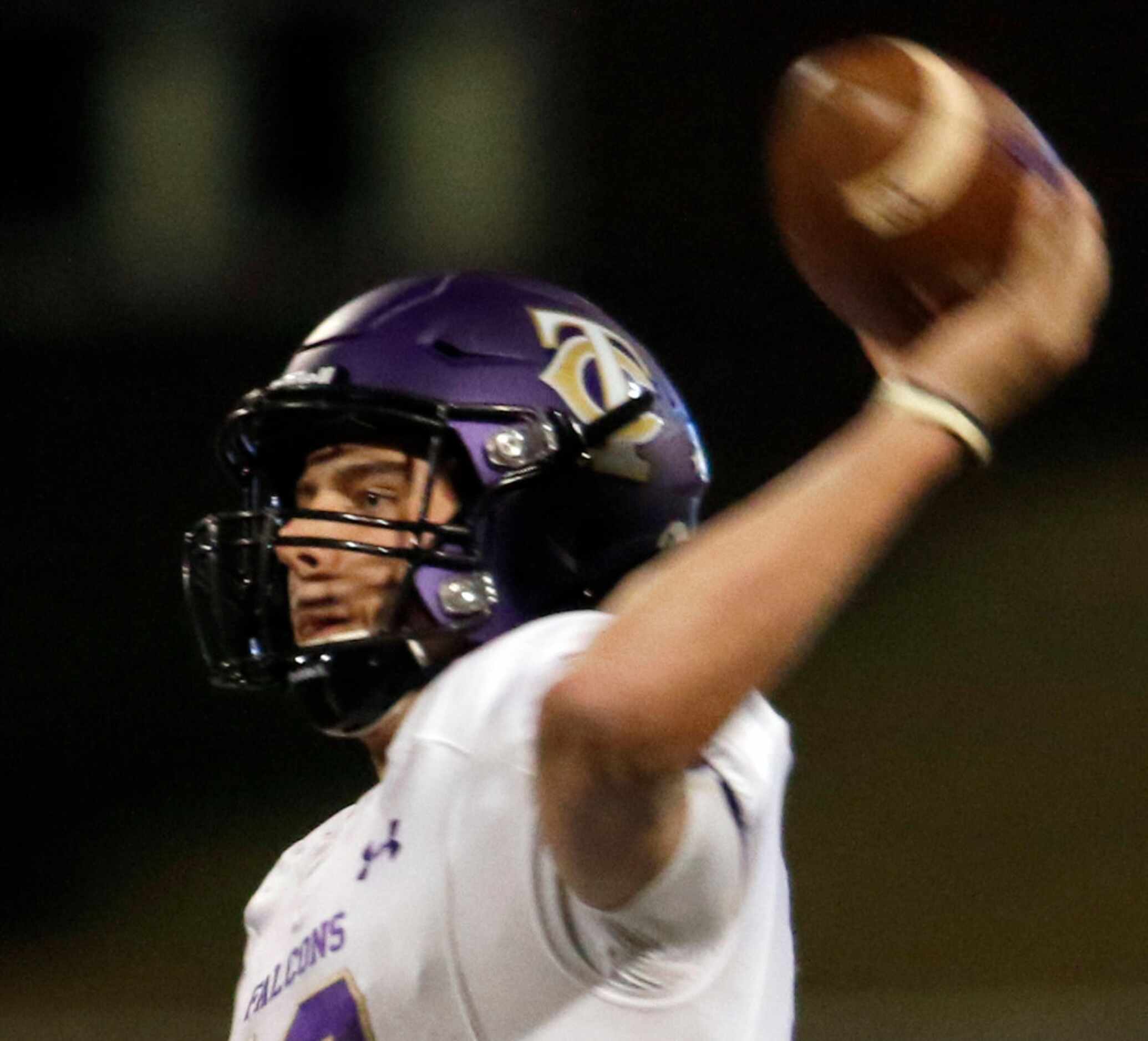 Keller Timber Creek quarterback Jason Akers (10) releases a pass during first half action...