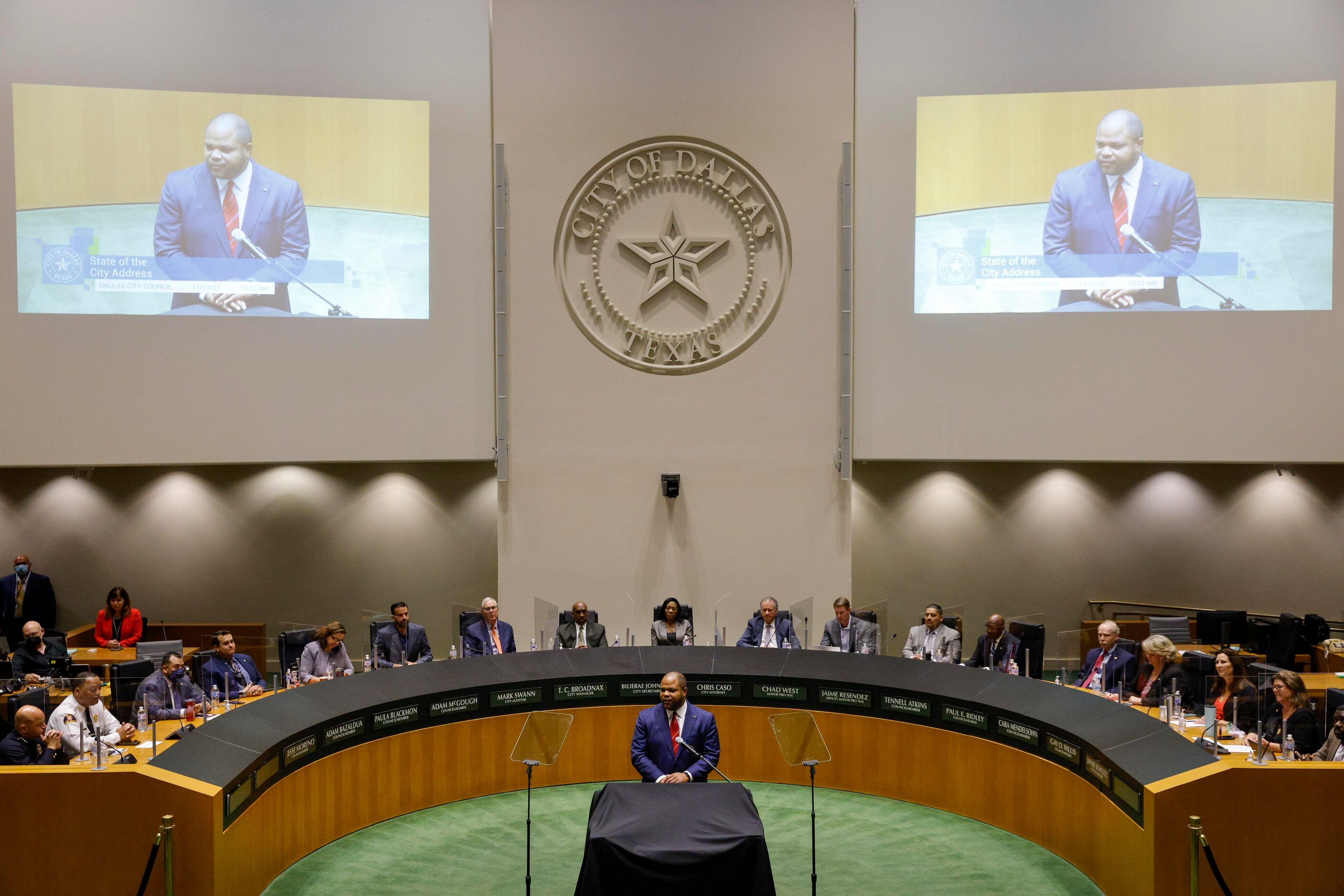 Dallas Mayor Eric Johnson speaks during his state of the city address at City Hall in Dallas...