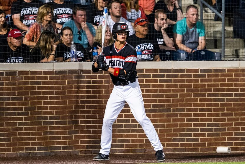 Colleyville Heritage shortstop Bobby Witt Jr. waits in the on deck circle during game one of...