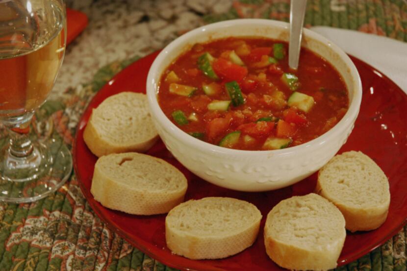 Gazpacho is as easy as chopping a few cucumbers, peppers and tomatoes and tossing them in...