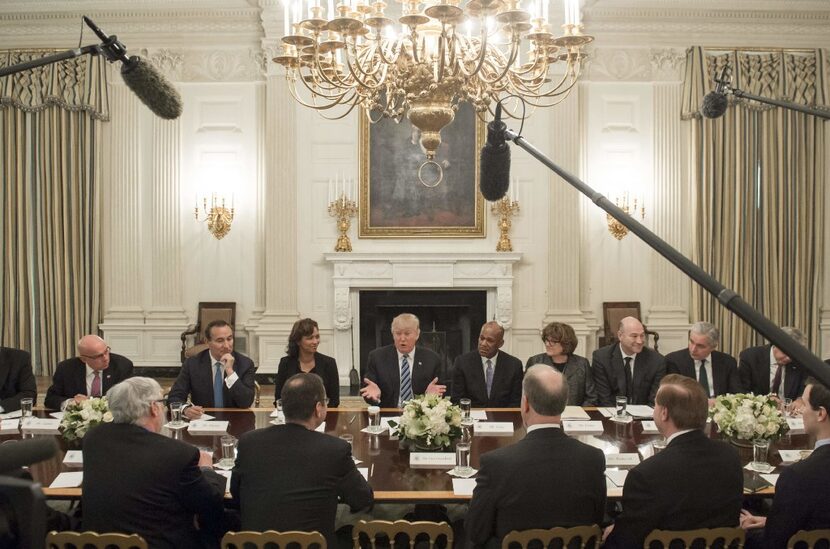 US President Donald Trump speaks during a meeting with airline industry executives in the...