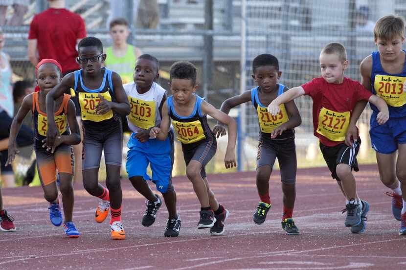Runners start the 800-meter race in the Luke's Locker All-Comers Track Meet in Dallas.