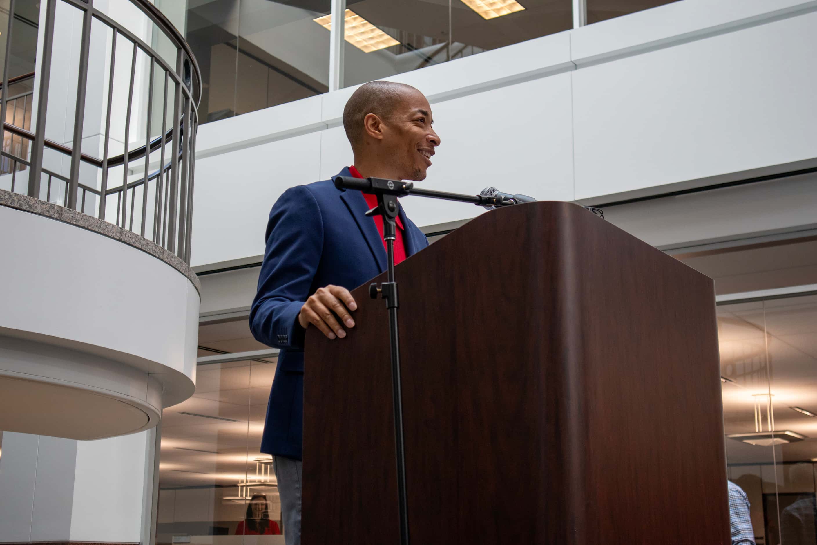 Andre Joyner, senior vice president and chief human resources officer, talks to the 2,000...