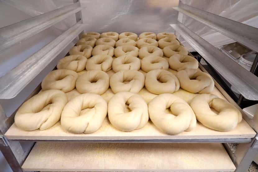 Fresh bagels waiting to be baked at Lubbies Bagels.
