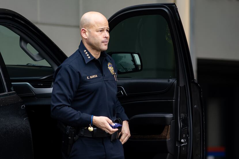 Police Chief Eddie Garcia arrives at Baylor University Medical Center after two officers...