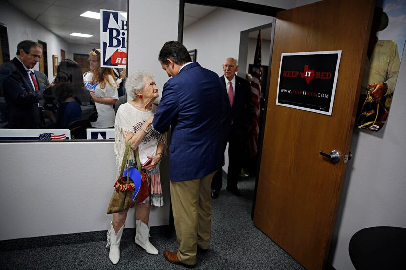 Pat Williford (left) smiles as she talks to Sen. Ted Cruz at Tarrant County Republican Party...