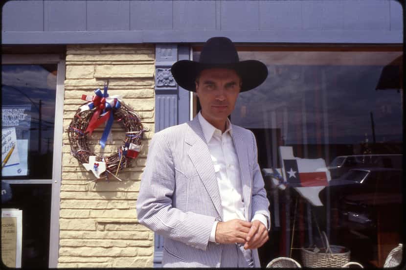 David Byrne poses in front of a Mansfield store during filming.