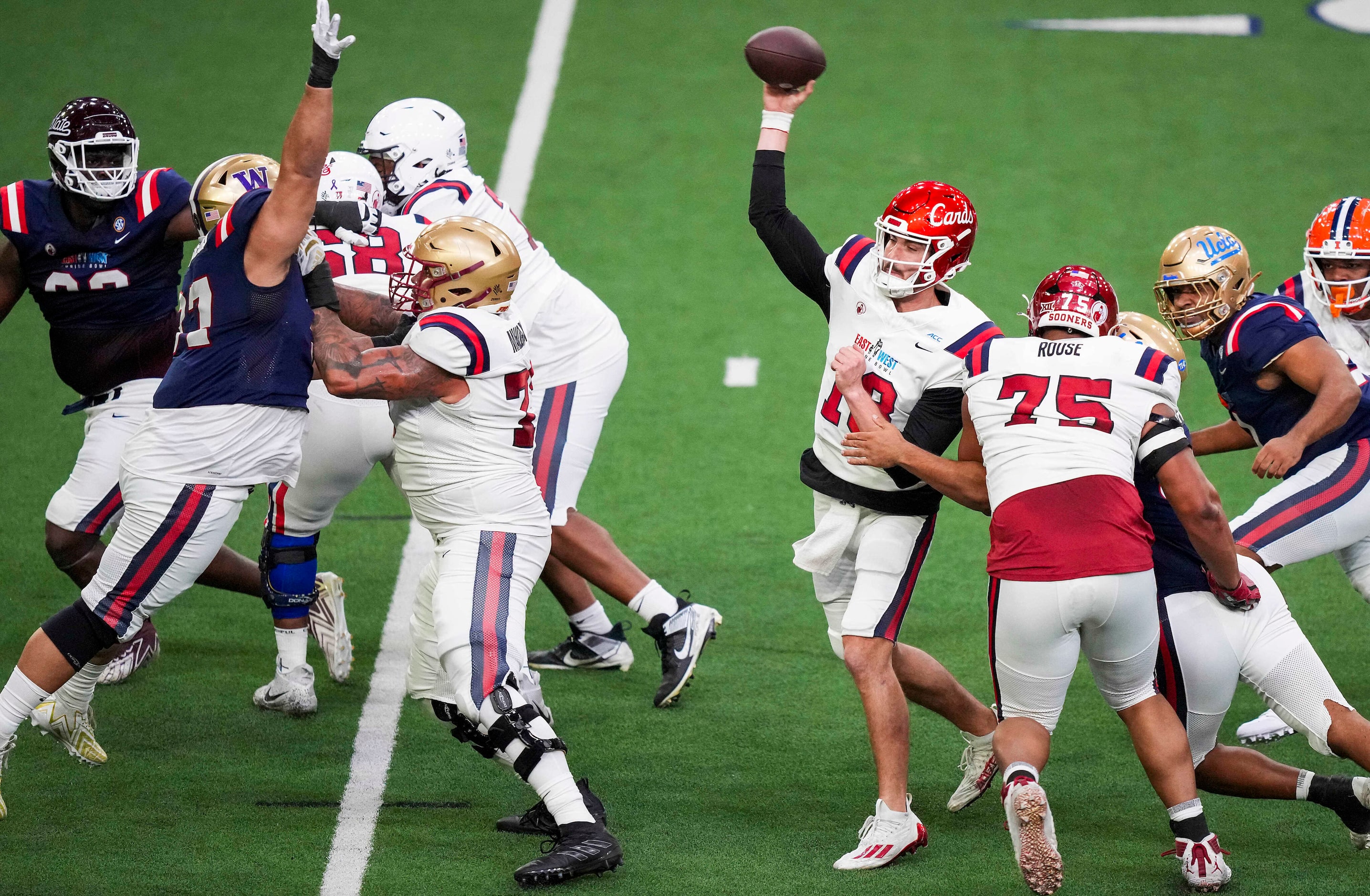 East quarterback Jack Plummer of Louisville (18) throws a pass during the first half of the...