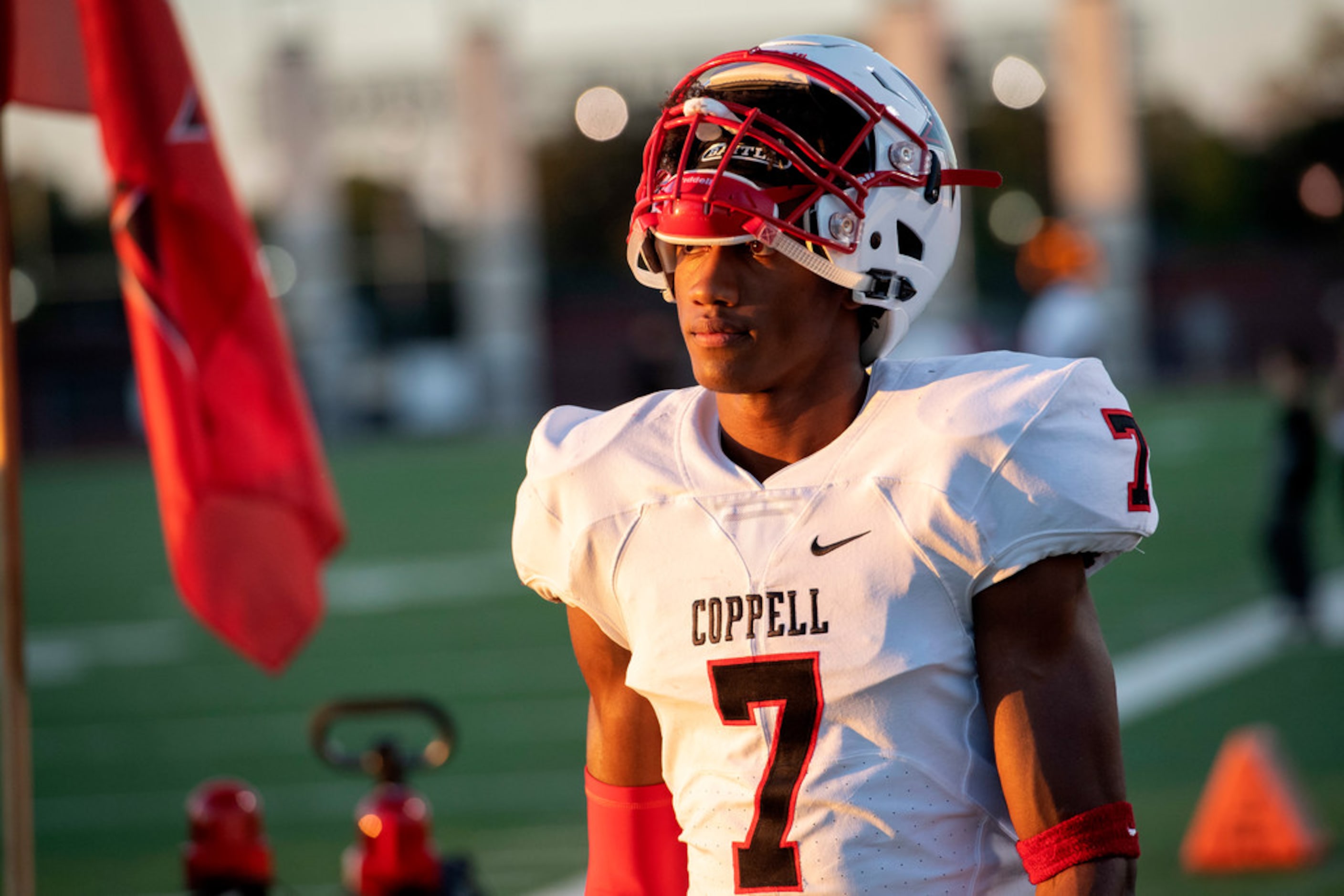 Coppell senior defensive back Josh Williams (7) walks to the locker room before a high...