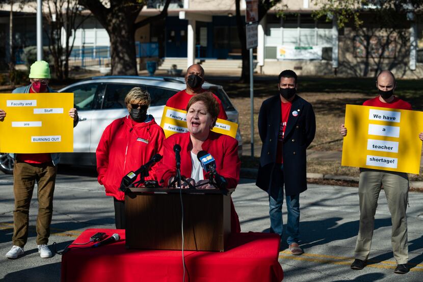 Rena Honea, president of Alliance/AFT, spoke during a news conference outside Hotchkiss...