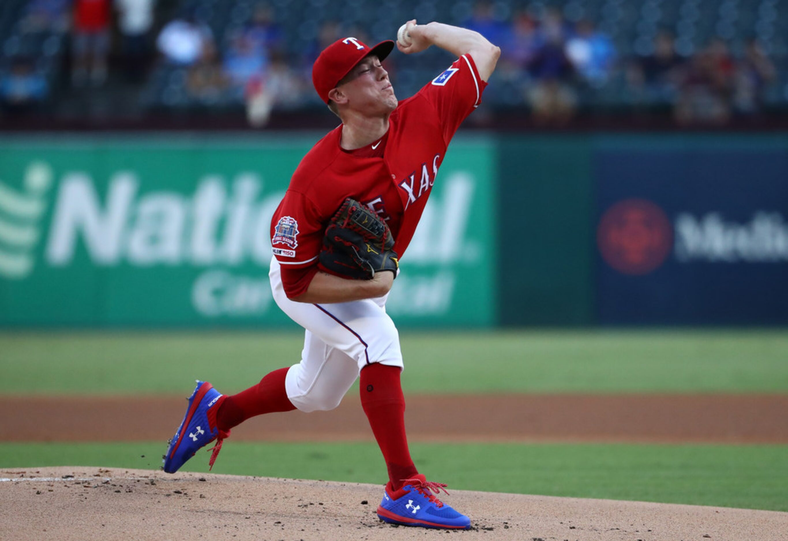 ARLINGTON, TEXAS - AUGUST 19:  Kolby Allard #39 of the Texas Rangers throws against the Los...