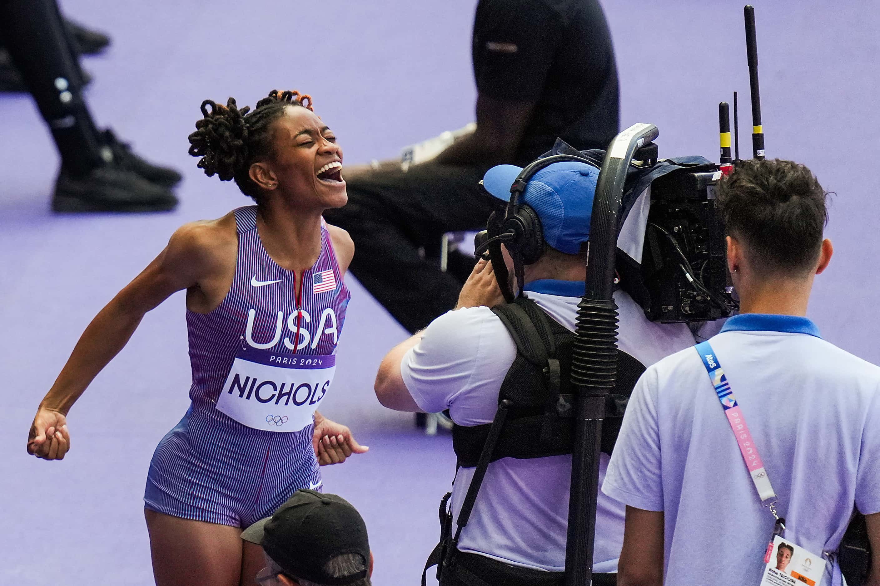 Monae’ Nichols of the United States celebrates after advancing to the final during women’s...