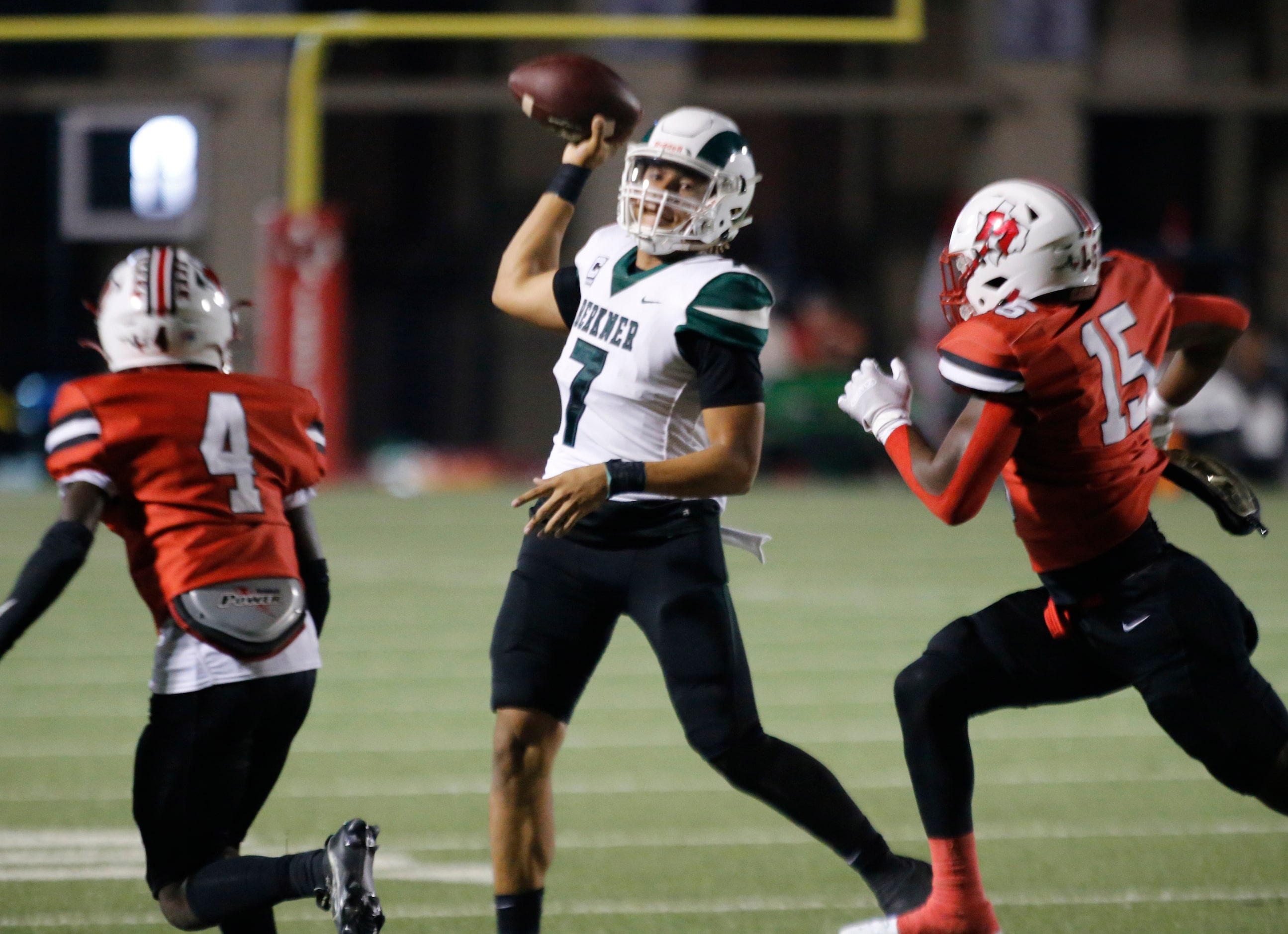 Richardson Berkner High QB Cornell McGee IV (7) throws a pass under pressure during the...