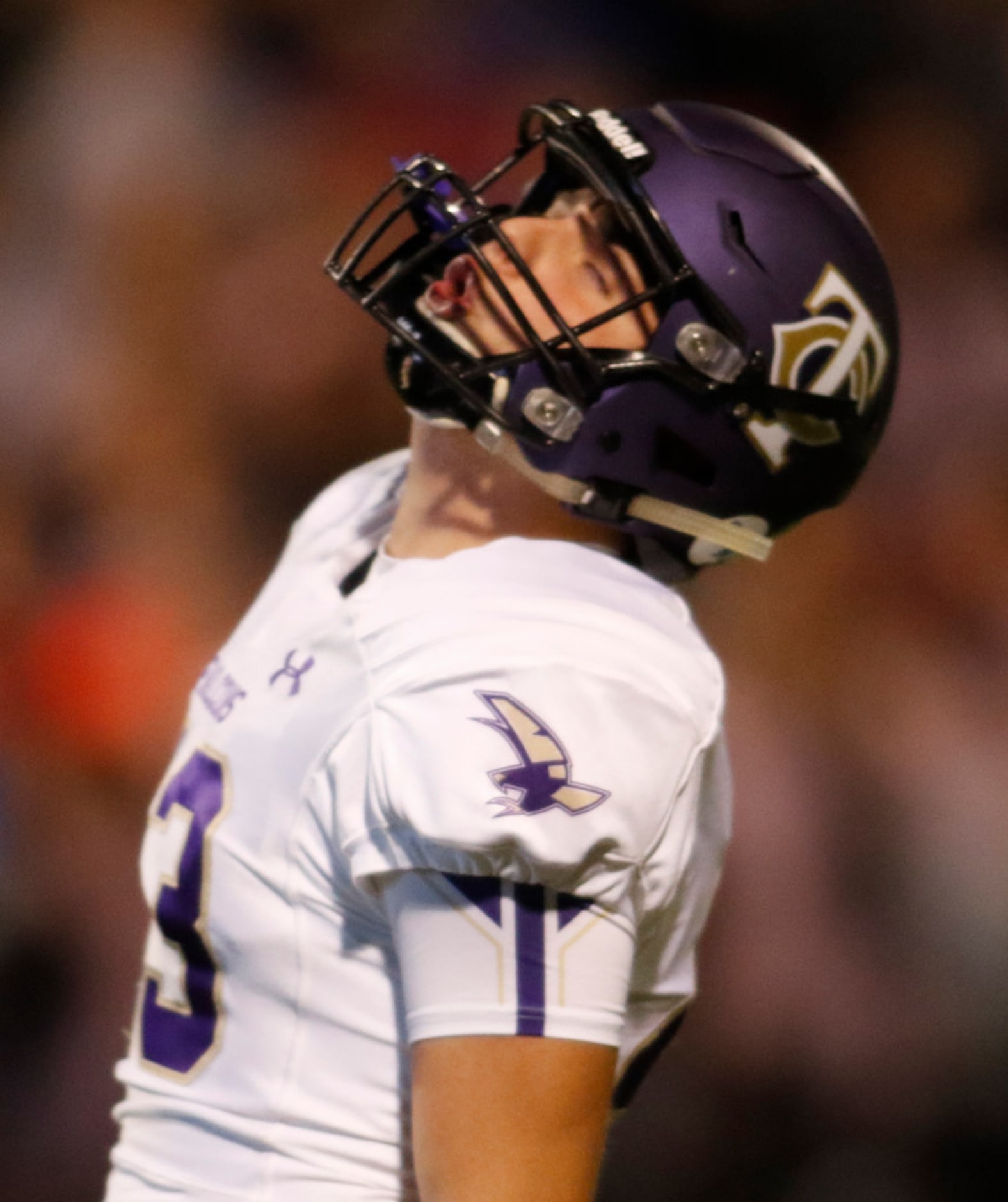 Keller Timber Creek kicker Jose-Carlo Martinez (43) reacts after missing wide on a field...