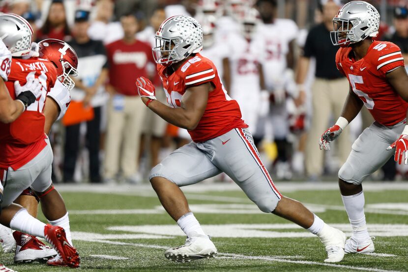 Ohio State defensive lineman Dre'Mont Jones plays against Indiana during an NCAA college...