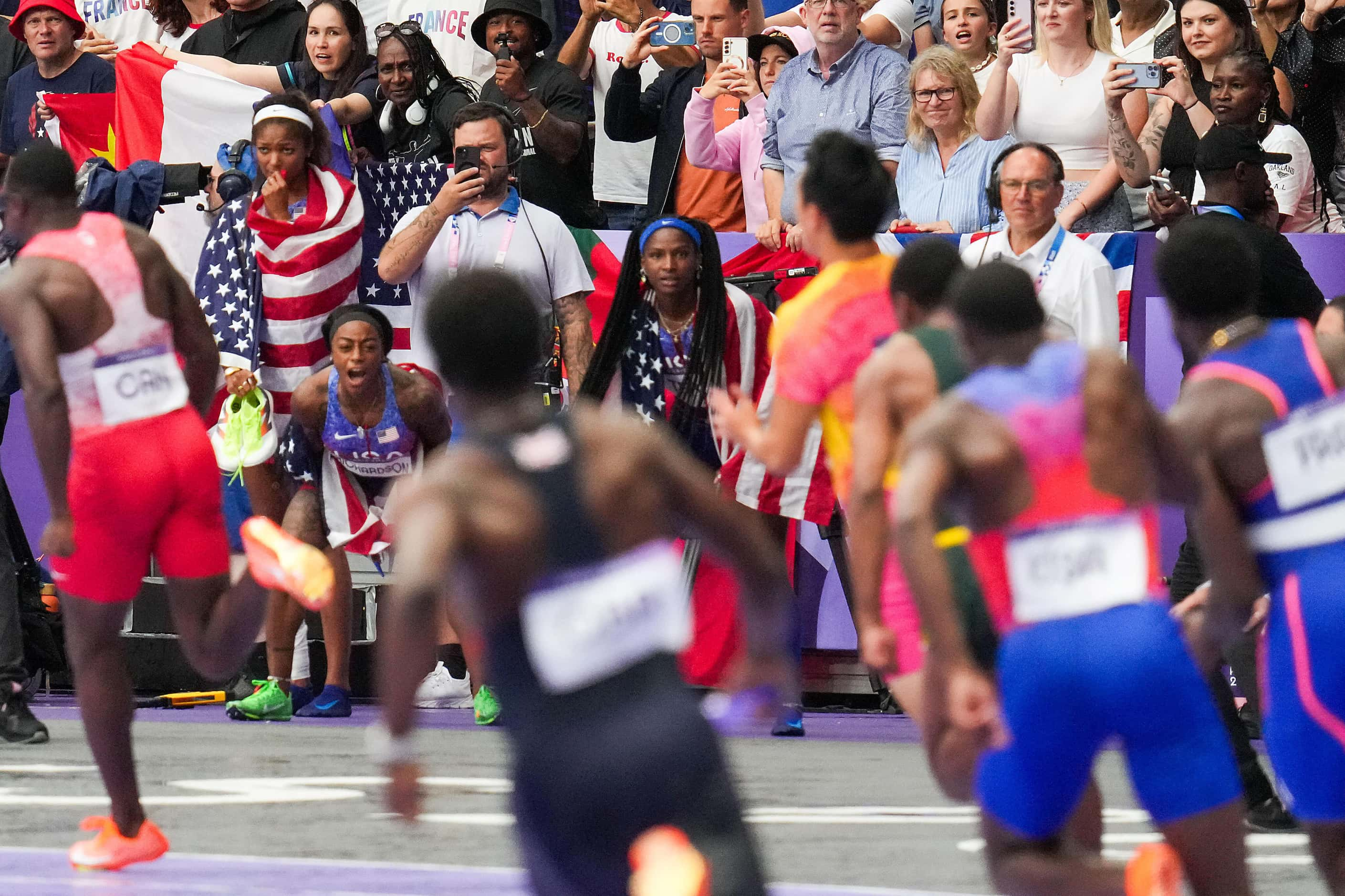 After winning the women’s 4x100-meter relay, Sha'carri Richardson of the United States...