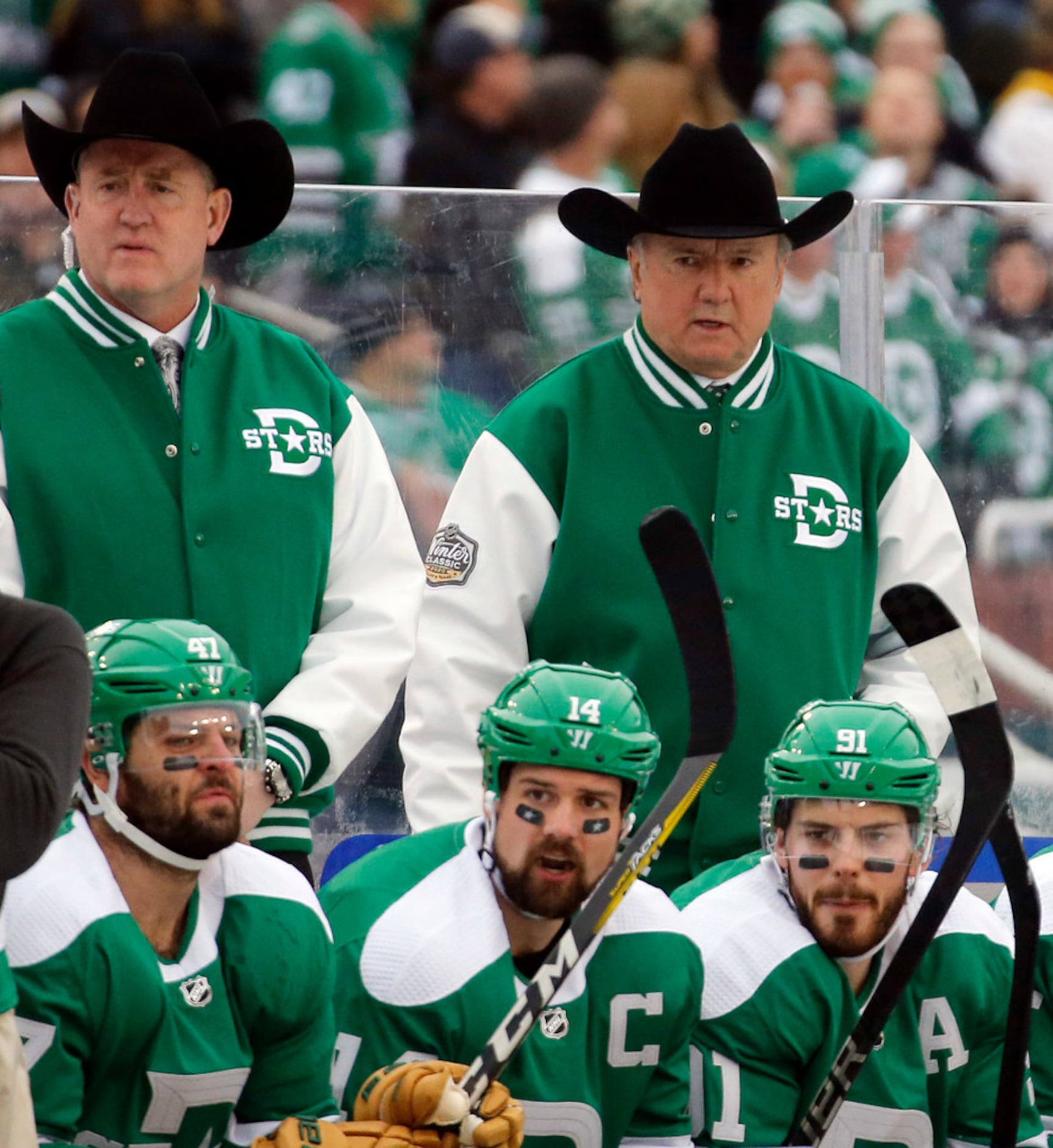 Dallas Stars head coach Rick Bowness (right) donned his cowboy hat to start the NHL Winter...