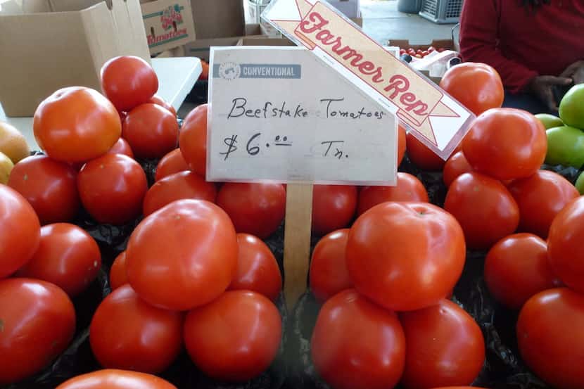 Big tomatoes on sale at the Dallas Farmers Market in early November.