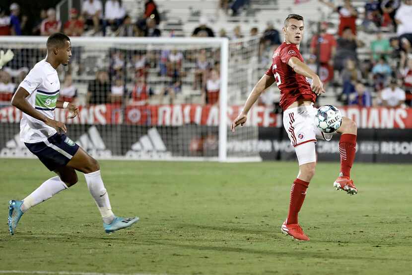 Callum Montgomery of FC Dallas and North Texas SC plays the ball wide in the USL League One...