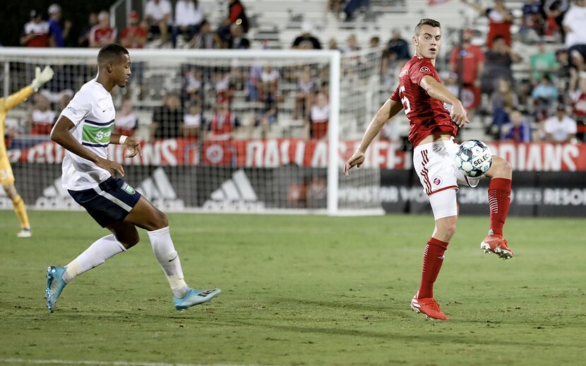 Callum Montgomery of FC Dallas and North Texas SC plays the ball wide in the USL League One...