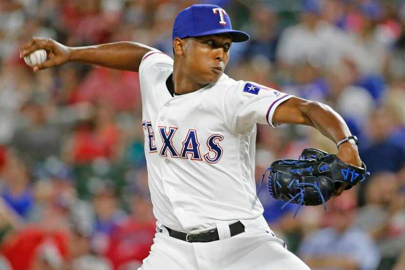 Texas Rangers relief pitcher Jose Leclerc (62) is pictured during the Chicago White Sox vs....