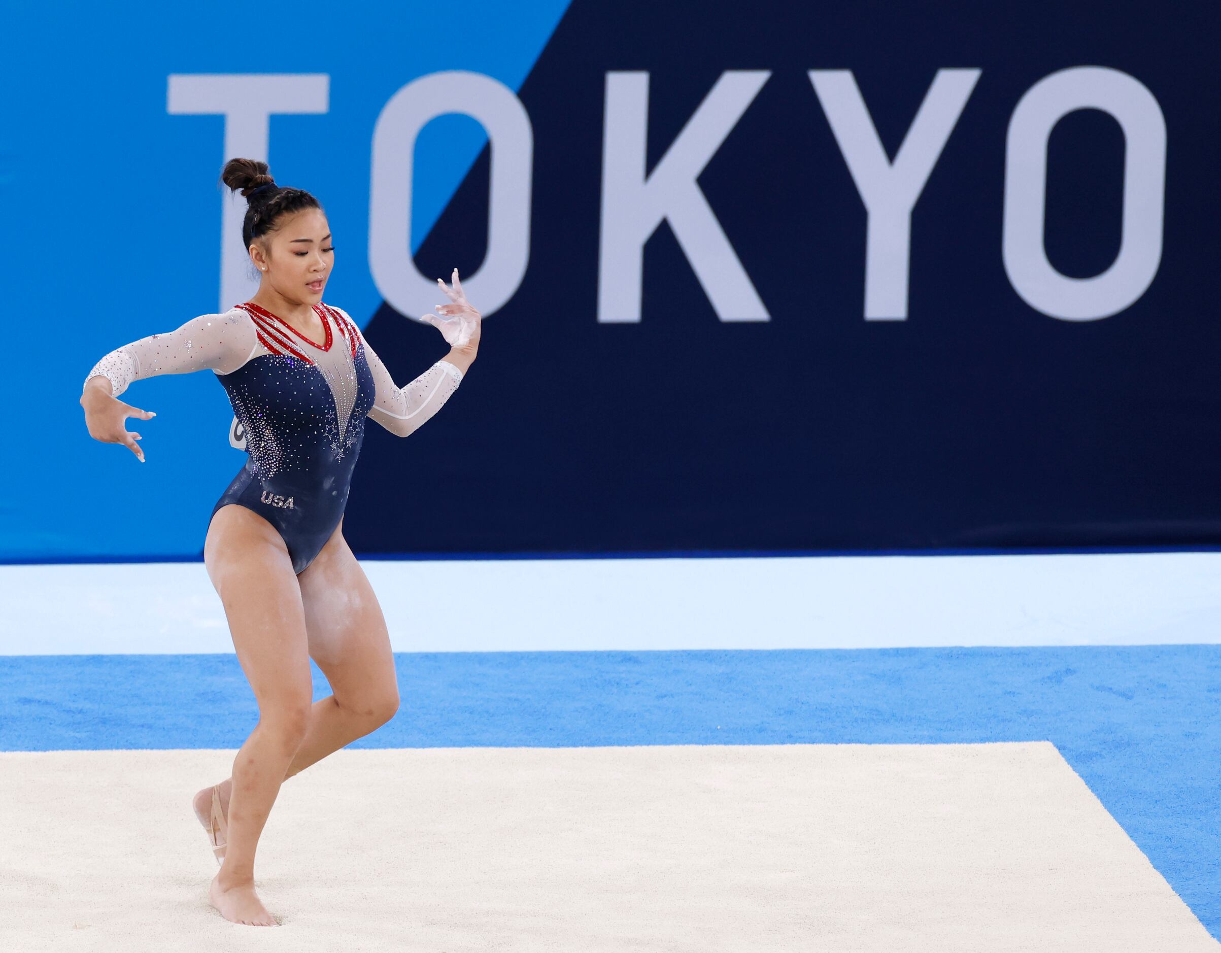USA’s Sunisa Lee competes on the floor during the women’s all-around final at the postponed...