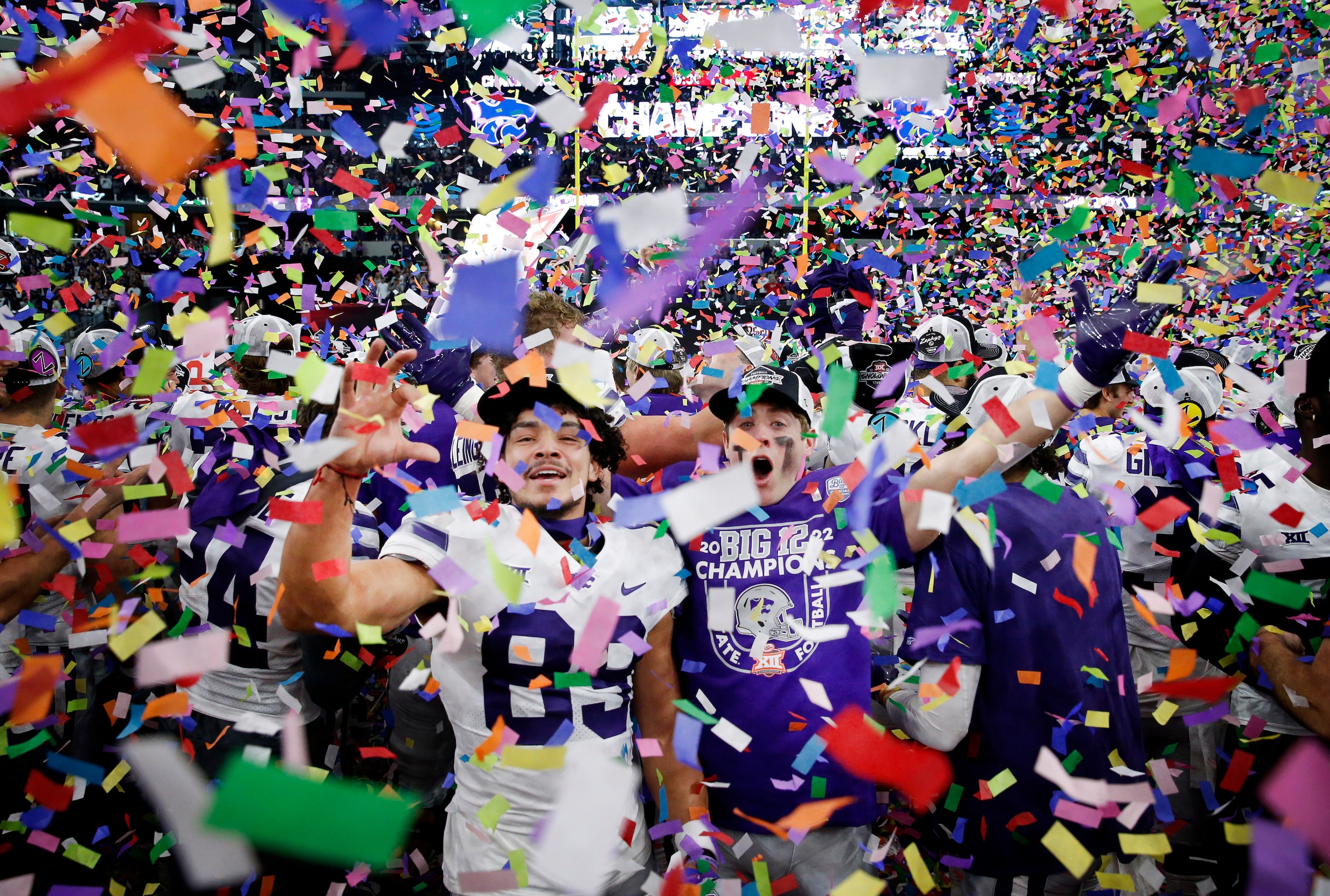 Kansas State Wildcats players including wide receiver Erik Pizarro (89) celebrate their Big...