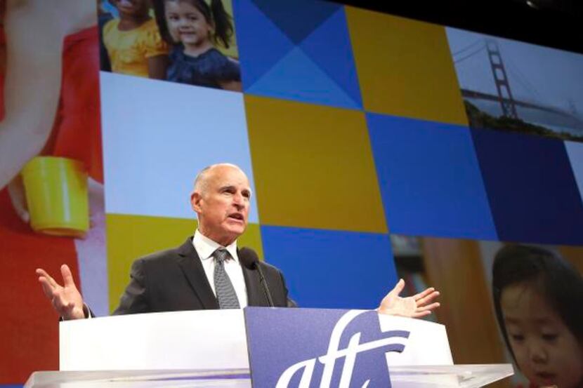 
California Gov. Jerry Brown speaks at The American Federation of Teachers at Los Angeles on...