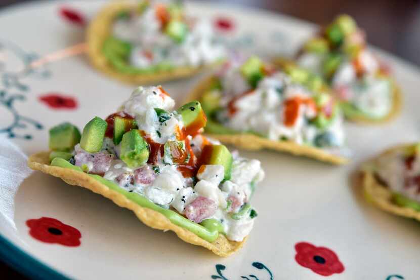 White ceviche served on tostada from restaurant Jose in Dallas.