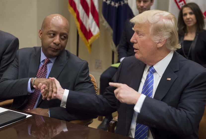  President Donald Trump shakes hands with Marvin Ellison, CEO of J. C. Penney, as he meets...