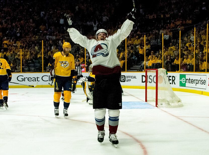 NASHVILLE, TN - APRIL 12:  Blake Comeau #14 of the Colorado Avalanche reacts after scoring a...