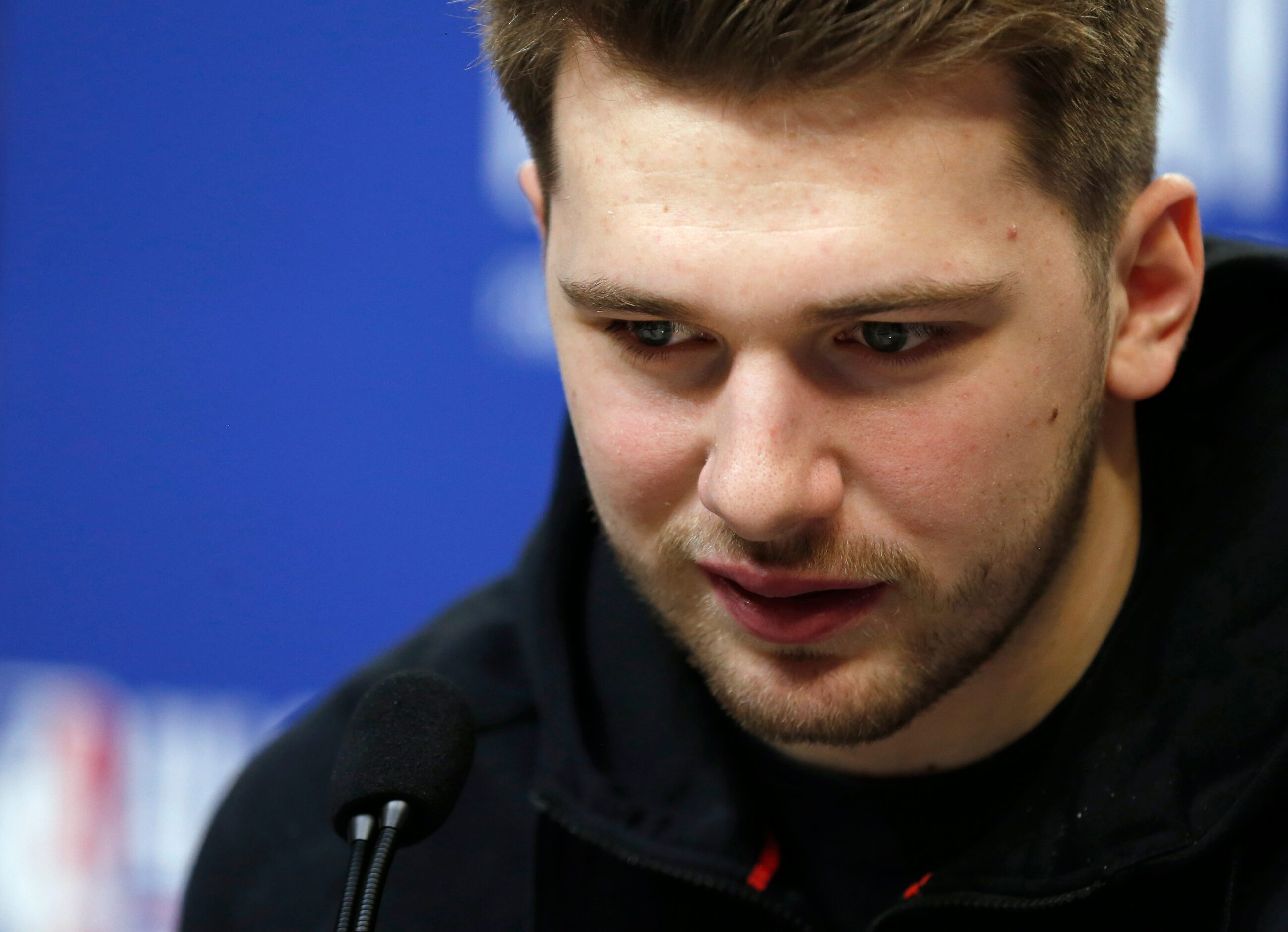 Team LeBron's Dallas Mavericks forward Luka Doncic (2) answers questions from the media...