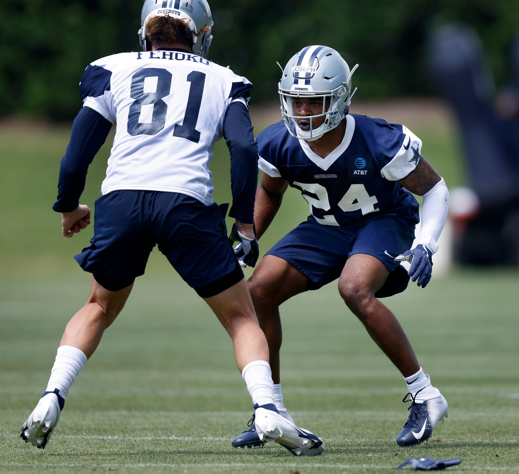 Dallas Cowboys rookie corner back Kelvin Joseph (24) covers rookie wide receiver Simi Fehoko...