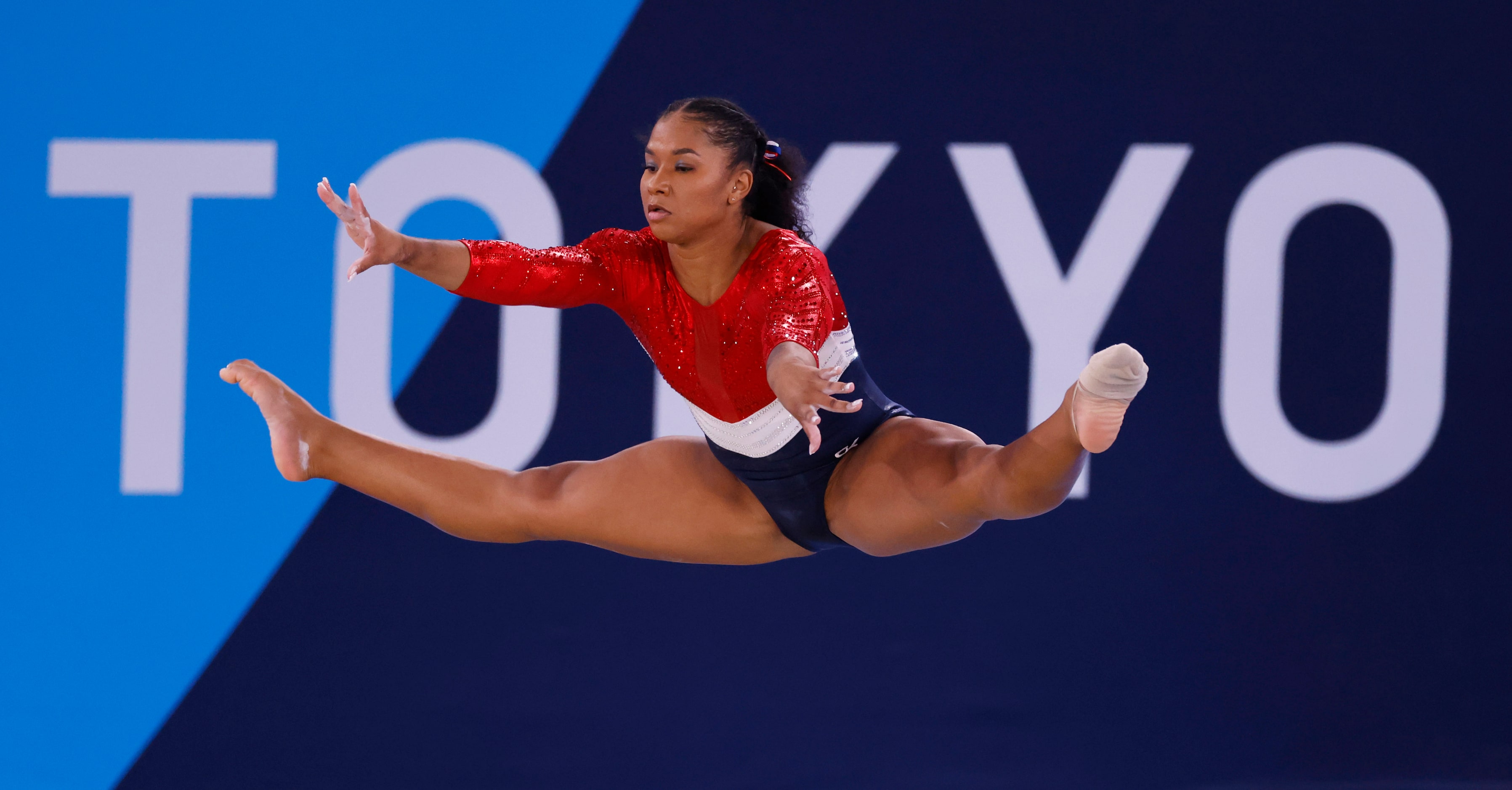 USA’s Jordan Chiles competes on the floor during the artistic gymnastics women’s team final...