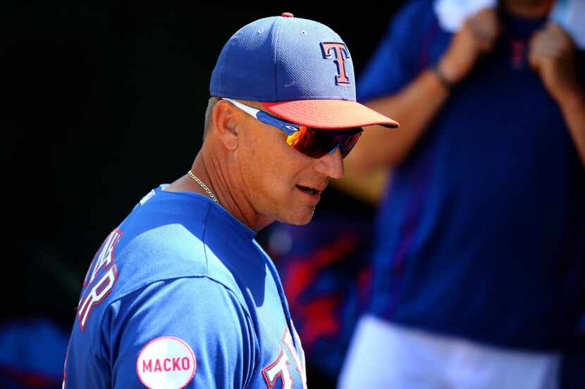 Mar 24, 2015; Surprise, AZ, USA; Texas Rangers manager Jeff Banister against the Los Angeles...
