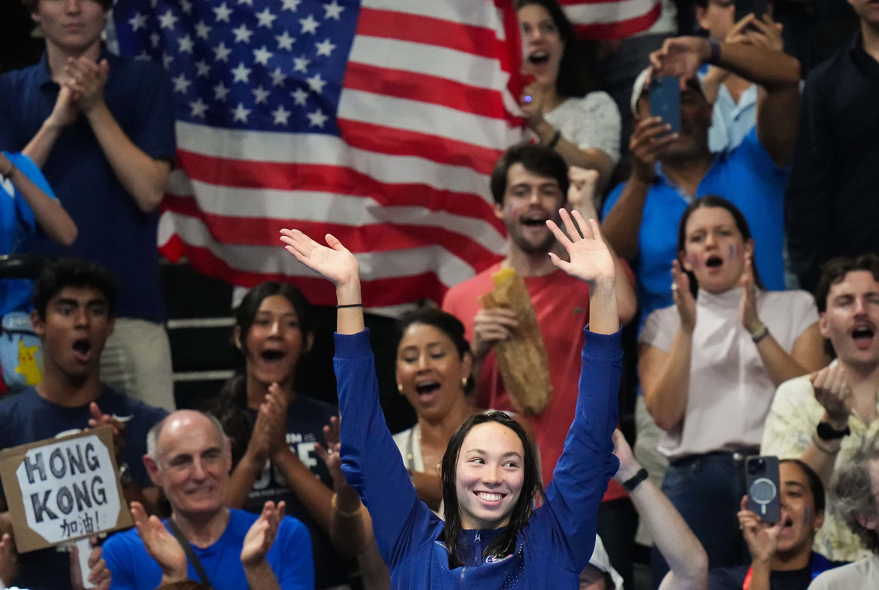 Torri Huske of the United States celebrates after winning the silver medal in the women’s...
