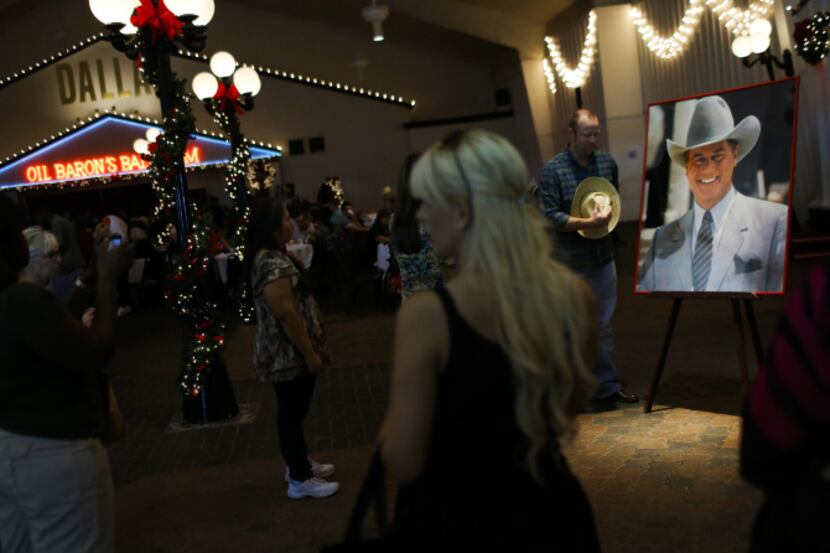 A larger than life photograph of Larry Hagman as J.R. Ewing was a fan favorite at a memorial...