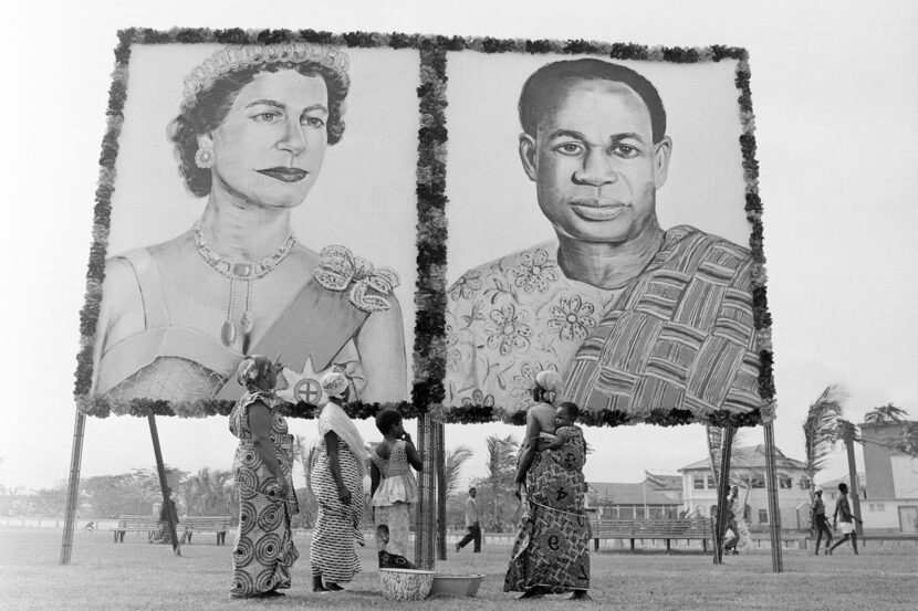 Huge portraits of Britain's Queen Elizabeth II and Ghana's President Kwame Nkrumah are...