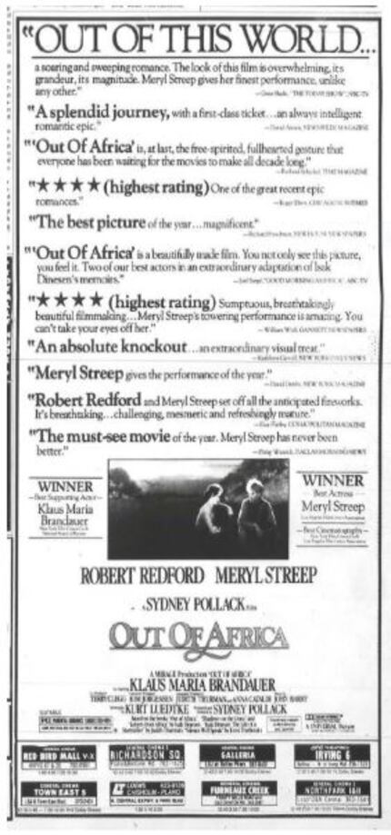 Snip from a Dallas Morning News 1985 movie advertisement for "Out of Africa."