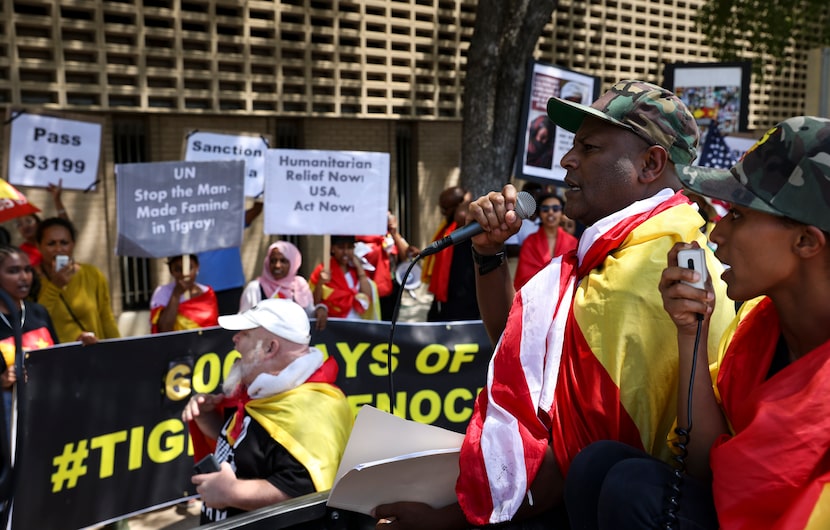 Danny Hadera, wrapped in the flag of Tigray, leads a crowd of demonstrators on June 28, 2022...