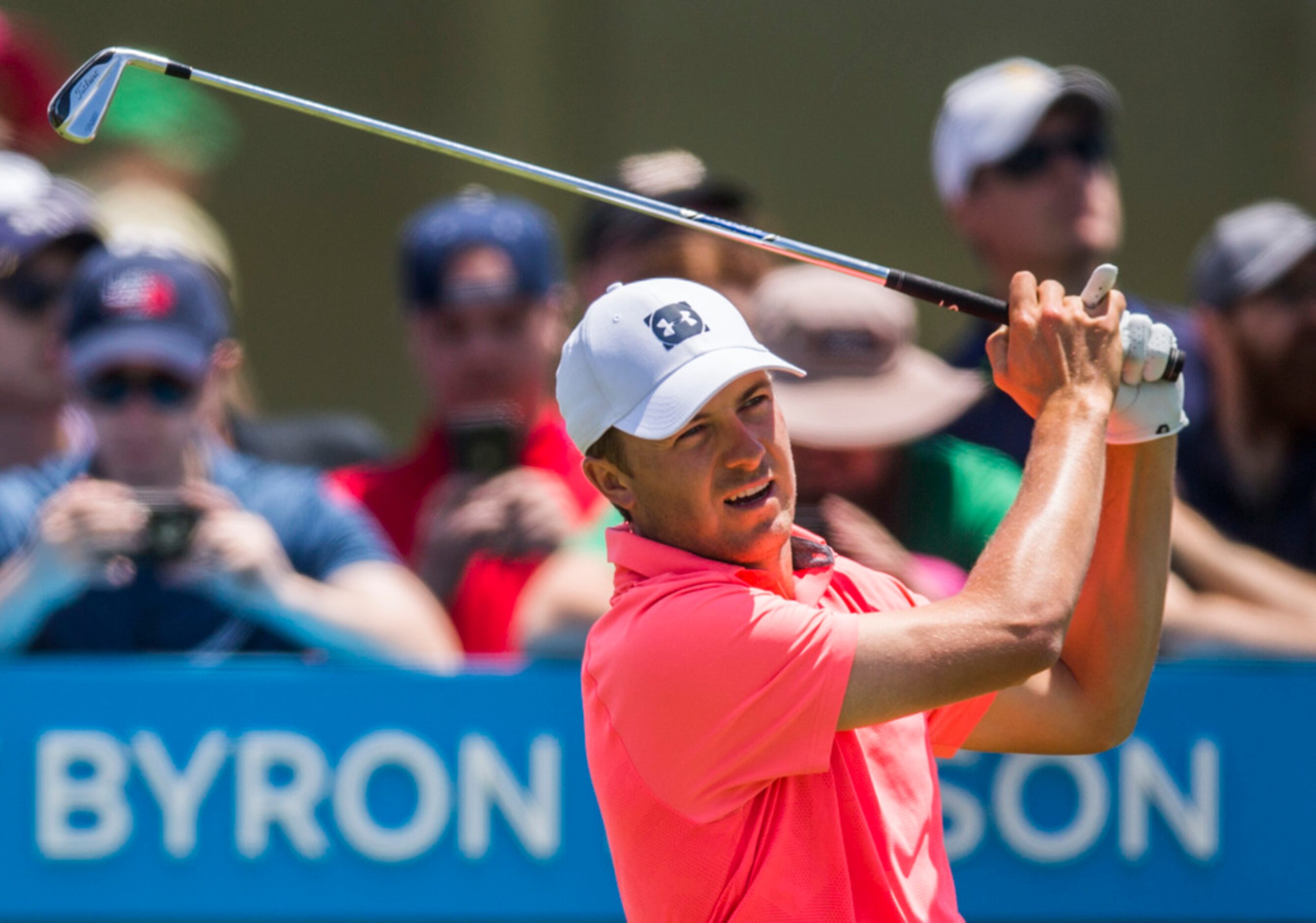 Jordan Spieth tees off at hole 2 during round 4 of the AT&T Byron Nelson golf tournament on...